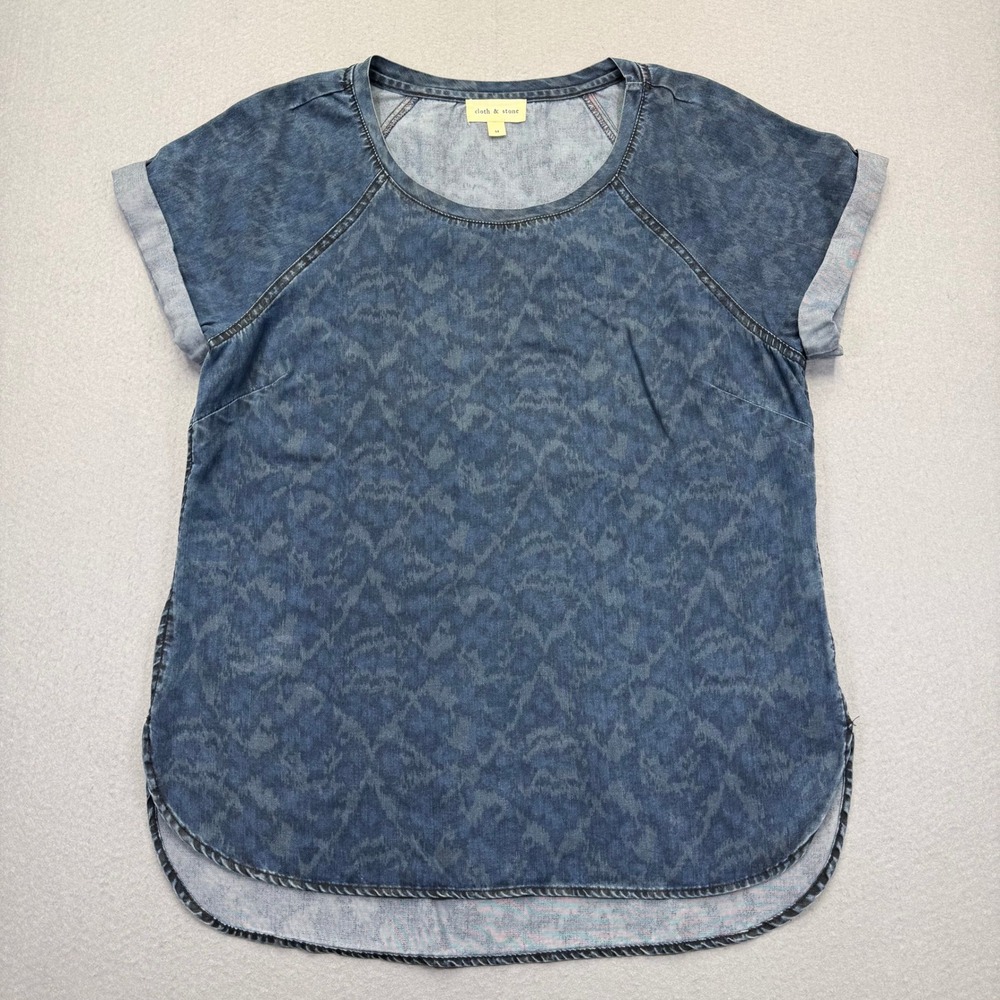 Cloth & Stone Womens Blue Tencel Damask‎ Print Short Sleeve Chambray Top Size M